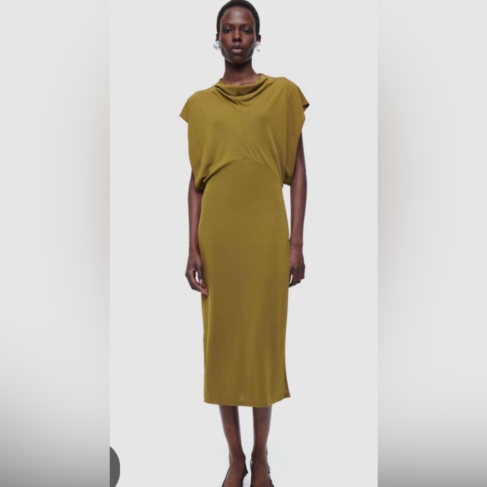 DRAPED COWL-NECK MIDI DRESS